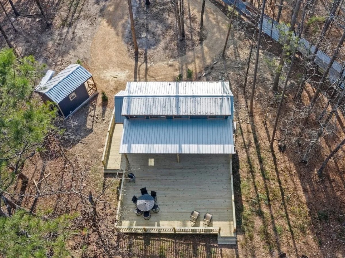 Arial view over the deck and backyard