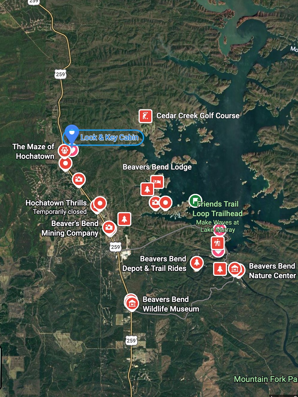 Map showing Lock & Key Cabin's location in Hochatown, Oklahoma